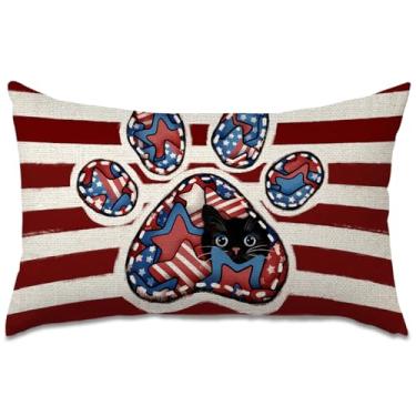 Imagem de FUYUCHEN Capa de almofada com estampa de pata de gato 4th of July Dia da Independência 30 x 50 cm listras estrelas da América Patriótico Dia Memorial Day para decoração de sofá casa fazenda