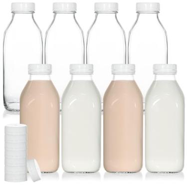 Imagem de KEYWING Garrafas de leite de vidro de 946 ml (pacote com 8), frascos de vidro com tampa hermética de parafuso, garrafas para leite, mel, geleia - pode ser lavado na lava-louças