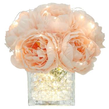 Imagem de GreenHouzz Centros de mesa de flores de seda de peônia artificial com luz LED arranjo floral falso em vaso de vidro para decoração de mesa de casamento em casa (pêssego blush)
