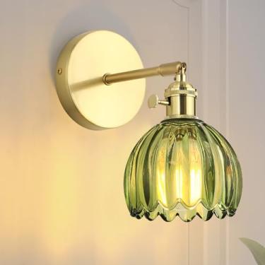 Imagem de GEOVANCY Arandela Vintage - Luminária De Latão Dourado Ajustável 180° Com Cúpula Vidro Tulipa Verde, Arandelas Fiação Para Quarto, Sala Estar, Corredor E Penteadeira (Lâmpada 3000K Incluída)