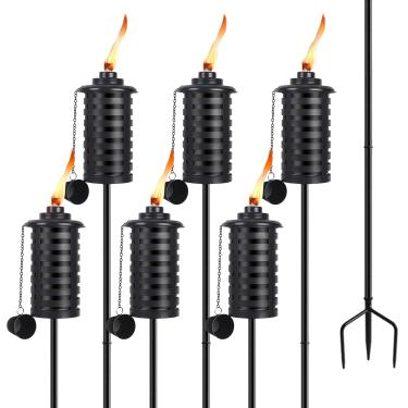 Imagem de ZSZMFH 6 peças de tocha de metal para uso externo, tocha de metal de 473 g para decoração de jardim, tochas de citronela atualizadas de 140 cm com estaca aterrada de 3 pinos, tochas de mesa para caminho de pátio de festa