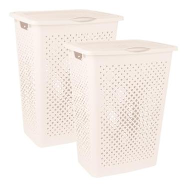 Imagem de Superio Pacote com 2 cesto gradiente com tampa - 60L, design moderno, perfurado, fino e resistente, alças ergonômicas - creme