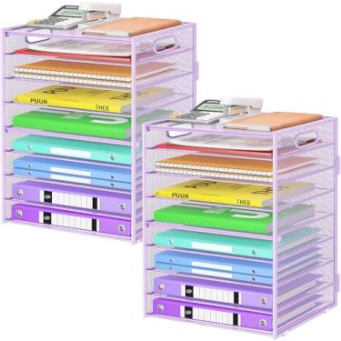 Imagem de Cawukege Organizador de papel de 9 camadas com alça, organizador de mesa de grande capacidade, bandeja de papel de malha, pasta de arquivos, classificador de documentos para sala de aula e organização