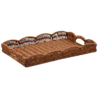 Imagem de Bandeja de imitação de vime, bandejas de servir de vime com alças, bandeja de servir retangular vintage, cestas decorativas de mesa, bandeja organizadora multifuncional para cozinha de mesa (café)
