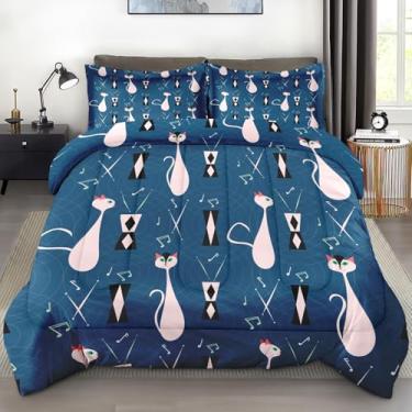 Imagem de Pamnest Conjunto de edredom casal, azul gato musical, 3 peças, macio para crianças e adultos, rosa e verde, conjunto de edredom de meados do século com 2 fronhas, para decoração de cama de quarto