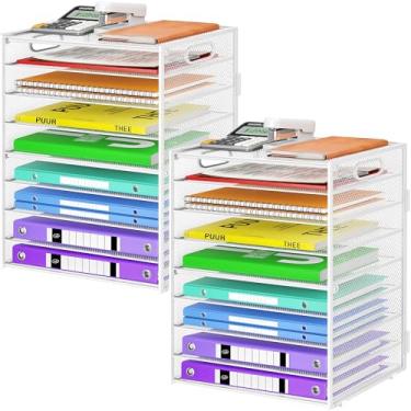Imagem de Cawukege Organizador de papel de 9 camadas com alça, organizador de mesa de grande capacidade, bandeja de papel de malha, pasta de arquivos, classificador de documentos para sala de aula e organização