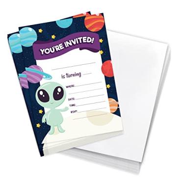 Imagem de Coastal Palm Cartões de convite de feliz aniversário alienígena (10 unidades) com envelopes meninos meninas festa infantil (design 10ct 1)