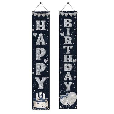 Imagem de Starlit Patio 2 peças, sinal de alpendre de feliz aniversário, preto, prata, glitter, decorações ao ar livre, artigos de festa de aniversário, pano de fundo, porta para pendurar na parede, para