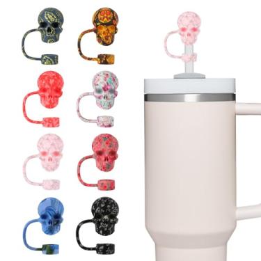 Imagem de Pacote com 8 tampas de canudo de caveira para copo stanley 30 e 1,134 g, acessórios para copo de água, tampa reutilizável à prova de poeira 3D de palha, presente Hollaween