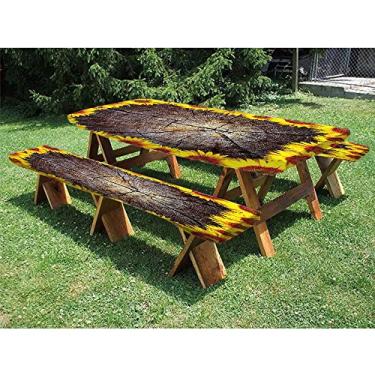 Imagem de Toalha de mesa de piquenique de girassol com capas de banco, seção cortada de madeira, girassóis, tronco de árvore, ornamental rústico, para uso ao ar livre/churrasco/acampamento, 81 x 182 cm, marrom