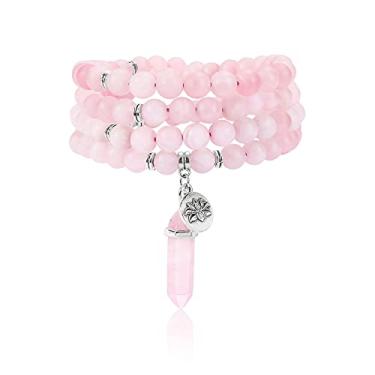 Imagem de Jovivi Pulseira com 108 contas Mala de 8 mm, ametista natural, quartzo rosa, pedra de cura de cristal Mala, colar com contas de oração hexagonal, pedra preciosa de prisma, pingente pontiagudo para meditação de ioga, equilíbrio energético, Cristal, não conhecido,