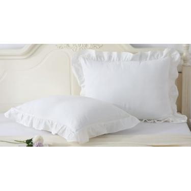 Imagem de Conjunto de 2 fronhas brancas com babados tamanho padrão, fronhas de fazenda de algodão lavado, 51 x 66 cm