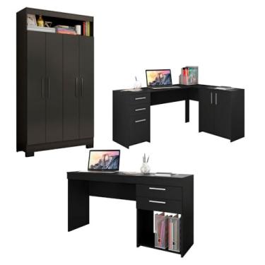 Imagem de Escritório Completo: 2 Mesas & 1 Armário Multiuso 4 Portas Preto Notável Móveis