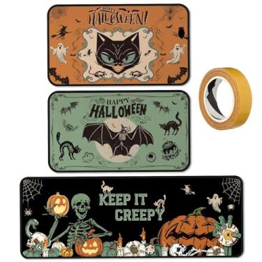 Imagem de SATINIOR Conjunto de 3 peças de tapete e tapete de cozinha esqueleto de Halloween, gótico, decoração de Halloween, antifadiga, antiderrapante, preto, gato, tapete lavável, tapete de porta assustador