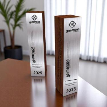Imagem de Troféu Torre de madeira com placa de metal - 4 Dimension, 5 unidades
