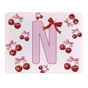 Imagem de Rusenbao Lindo mouse pad de cereja personalizado, pequeno e fofo coquete rosa com laço para mulheres e meninas, mousepads iniciais personalizáveis para laptop, computador, escritório, 24 x 19 cm