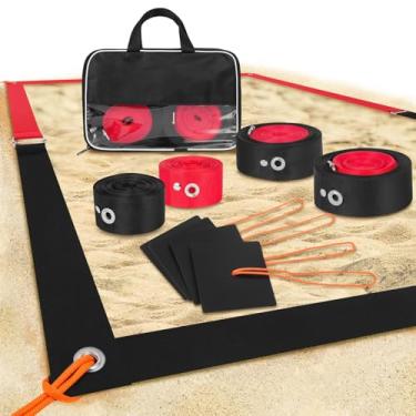 Imagem de IQSTRP Linhas de vôlei de praia resistentes para areia - Conjunto de correias portátil de 5 cm para uso externo + âncoras de areia e bolsa de rede. Dimensões oficiais do tamanho da quadra AVP/FIVB