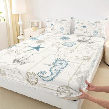 Imagem de Jogo de lençol casal náutico de praia, oceano costeiro, concha, cavalo marinho, estrela-do-mar, veleiro, decoração de quarto infantil, adolescentes, adulto, vintage, bege, azul marinho, 3 peças