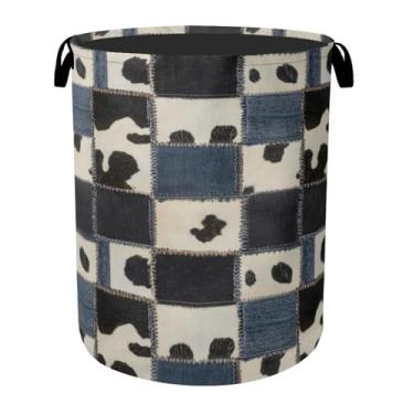 Imagem de Bolsa grande para cesto de roupas com estampa de vaca em retalhos jeans – cesto de roupa suja com alças, design dobrável para economia de espaço para berçário