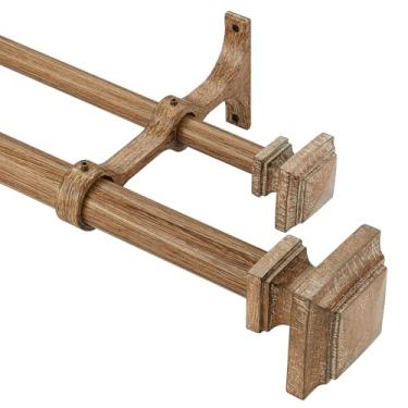 Imagem de Lwiiom Varões de cortina de madeira duplos para janelas de 91 a 182 cm, varão decorativo de cortina de madeira de 2,5 cm com acabamentos quadrados de imitação de grão de madeira e suporte duplo de