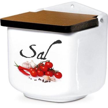 Imagem de Saleiro de Cerâmica Branco Decorado e Tampa de Madeira - SEGUNDA LINHA