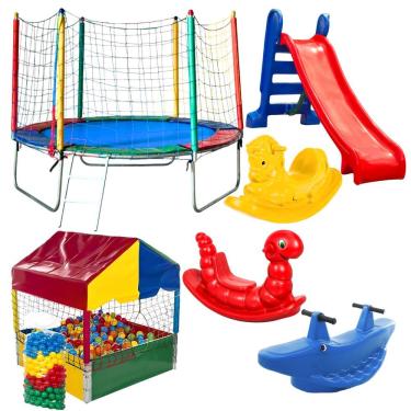 Imagem de Pula Pula 2,30m + Piscina De Bolinhas 1m + 500 Bolinhas + Escorrega Médio + 2 Gangorra 1L + 1 G2