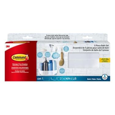 Imagem de Command Conjunto de banho de 5 peças, 1 suporte, 1 saboneteira, 1 suporte de escova de dentes, 2 ganchos, 4 tiras grandes e 6 médias resistentes à água