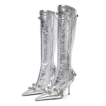 Imagem de Dsevht Botas femininas de salto alto stiletto sexy bico fino rebites borla bota moda cravejado botas de salto alto com zíper, Prata, 9
