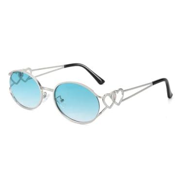 Imagem de HPIRME Óculos de sol femininos de metal, moda oval, espelhos decorativos para áreas externas, sombra UV400 (azul)