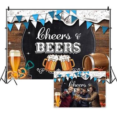 Imagem de DORCEV Pano de fundo Cheers and Beers 3 x 2,4 m Cheers and Beers fundo fotográfico retrô rústico placa de madeira pano de fundo para fotos decoração de festa de feliz aniversário banner mesa de bolo