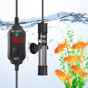 Imagem de AquaMiralce Aquecedor de aquário de 50 W com tamanho compacto, aquecedor submersível de aquário com termostato digital de LED, aquecedor de peixe ajustável, aquecedor de tartaruga para tanques de 5 a