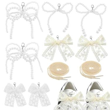 Imagem de KFHENSOMR 10 peças de pingentes de pérolas para tênis, corrente de contas de pérola com fivela de laço, acessórios de laço de decoração faça você mesmo, pingentes elegantes de pérolas e sapatos de