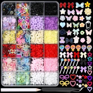 Imagem de BELICEY Conjunto de amuletos de unhas 3D, amuletos de arte de unhas de estrela de coração com laço sortidos, flores de acrílico colorido, pingentes de pirulito para unhas, lindos pingentes de mistura