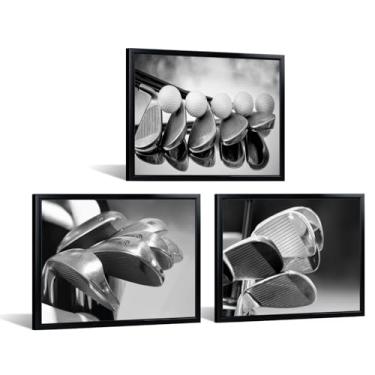 Imagem de iKNOW FOTO 3 peças de arte de parede em tela de golfe preto e branco conjunto de impressão de bola de golfe e ferro para homem, caverna, escritório, lounge, esportes, bar, sala de jogos, decoração