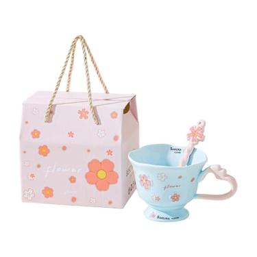 Imagem de DimyFew Caneca de Café Fofa Feita de Porcelana, Caneca de Café com Padrão Floral para Meninas, 380 Ml, para Chocolate Quente, Latte, Chá, Leite E Xícaras de C, Azul, Tamanho real