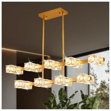 Imagem de Huaouou Luminária pendente de 101,6 cm de cristal moderno dourado de 18 cabeças para sala de jantar, luz de teto de camada dupla semi-embutida, adequada para ilha de cozinha, fazenda, sala de jantar