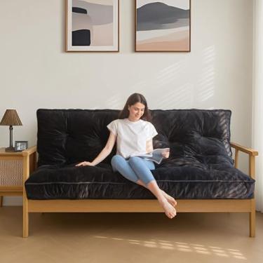 Imagem de MAXYOYO Colchão Futon de 15 cm, tamanho casal, futons de veludo grosso, colchão de chão versátil para adultos, enchimento de espuma desfiada (moldura não incluída), preto