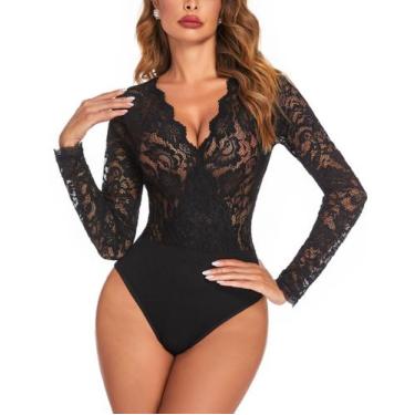 Imagem de Bodysuit feminino Avidlove, manga comprida, decote em V, renda preta