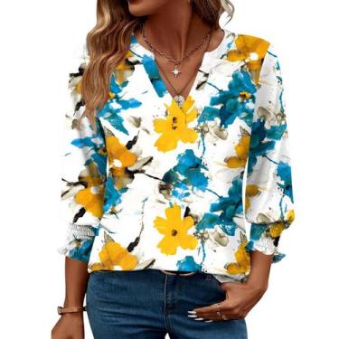 Imagem de Camiseta feminina LOMON com decote em V e manga 3/4, blusa casual