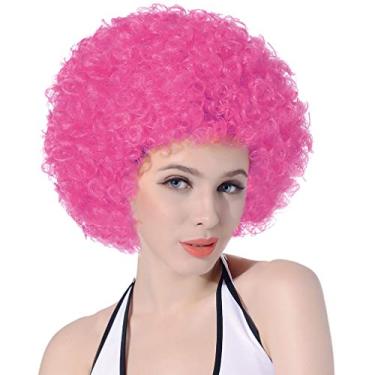 Imagem de Peruca Afro curta unissex - 30,48 cm crespo sintético festa de Halloween fantasia hippie 70 peruca de cabelo cosplay (rosa)