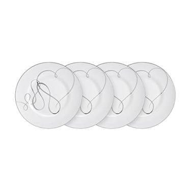 Imagem de Mikasa Pratos de salada com faixa de platina Love Story, conjunto com 4, 21 cm, branco