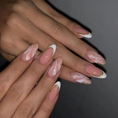 Imagem de Unhas brancas de ponta francesa, unhas postiças curtas de amêndoa, unhas nuas, prensas, cola brilhante nas unhas, uso diário, unhas postiças simples com glitter, desenhos de praia, unhas artificiais