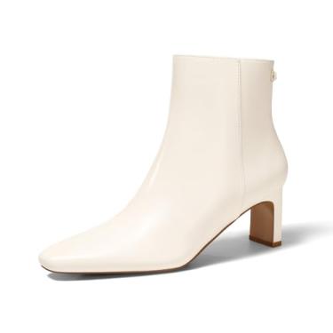 Imagem de Coutgo Bota feminina de cano baixo, salto grosso, bico quadrado, fechada, com zíper lateral, vestido de inverno, Bege, 37