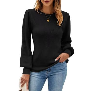 Imagem de Suéter feminino FEKOAFE, malha canelada, mangas lanterna, preto M