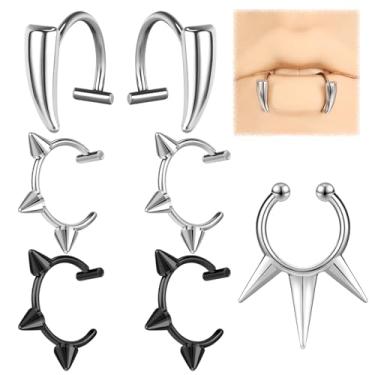 Imagem de ZS Anel de lábio falso de aço inoxidável, anel de dentes de vampiro, piercing de lábio falso, ajustável, não perfurante, punho de orelha, brincos falsos para piercing de nariz de septo para mulheres e
