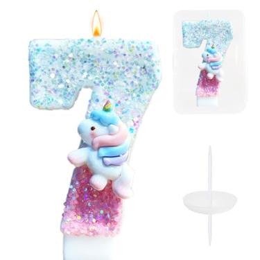 Imagem de Vela de bolo de aniversário de unicórnio, topo de bolo número 7 de unicórnio pastel, vela de 7 anos, velas de feliz aniversário de 7 cm, topo de bolo para festa de 7 anos