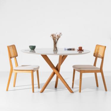 Imagem de Conjunto Mesa de Jantar Thai Redonda 1,20m Vidro Off White + 2 Cadeiras Lalá Encosto Palha Creme Assento Plot Cru
