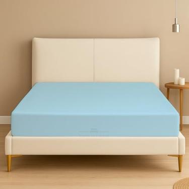 Imagem de Apenas lençol de baixo tamanho Queen – 600 fios premium 100% algodão egípcio – bolsos extra profundos de 40 cm – ultramacio e respirável – resistente a rugas e desbotamento – ajuste único, azul claro