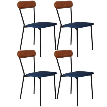 Imagem de Kit 04 Cadeiras Estofada Para Sala de Jantar Liora Preto C01 Linho Azul Courino Caramelo  - Lyam Decor