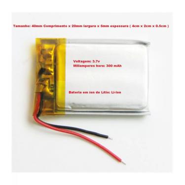 Imagem de Bateria 3.7V 300Mah 2 Fios Recarregável Lítio Li-Ion Chata Linear